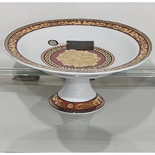 Juno by Casa Elite Milano Collection Fine Porcelain Serving Pedestal with Red and Gold Greek Key Design from our home decor connection 