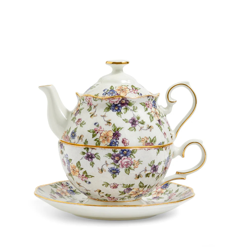 Royal Albert 100 Years 1940s English Chintz 3-Piece Tea for One Set with Teapot Cup and Saucer