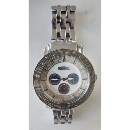 Silver watch with a detailed face 