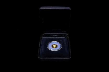 A small round coin or medallion with a gold-toned center and blue outer ring, displayed inside an open black presentation box on a black background.