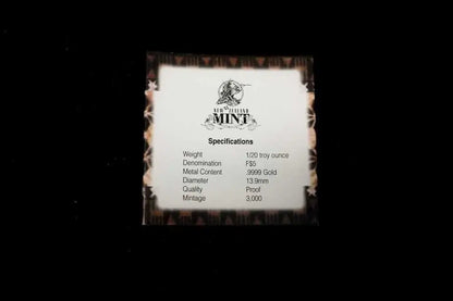A small square card with a white center and dark brown distressed border, featuring the 'New York Mint' logo and specifications text, shown against a black background.