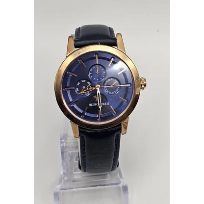 Watch with black leather strap and gold case