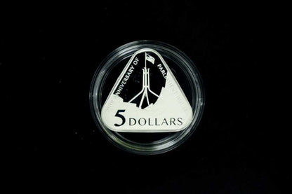 25th Anniversary of Parliament House $5 fine silver proof triangular coin front view
