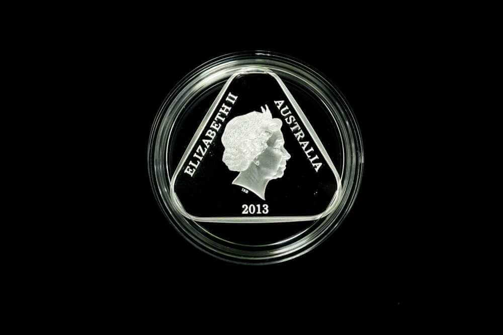Australia $5 silver proof triangular coin with Queen Elizabeth II portrait reverse
