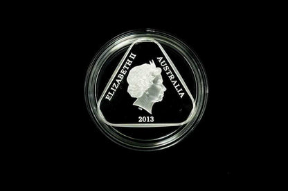 Australia $5 silver proof triangular coin with Queen Elizabeth II portrait reverse
