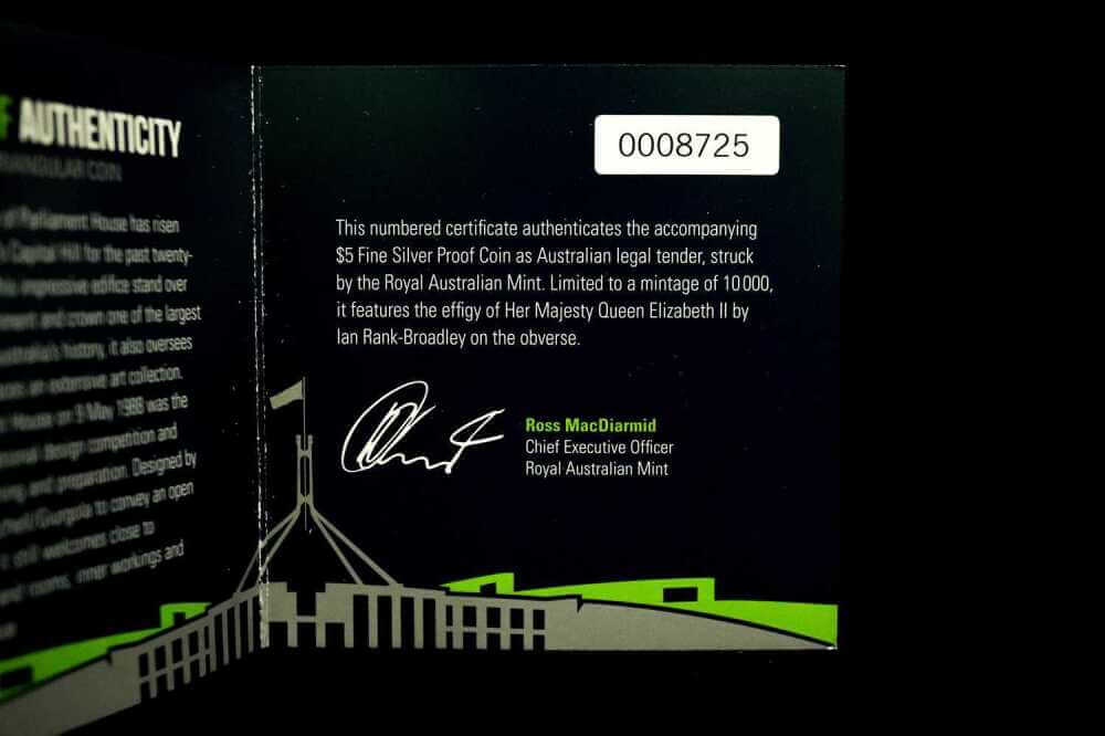 Australia Parliament House 25th Anniversary $5 fine silver proof coin certificate and booklet