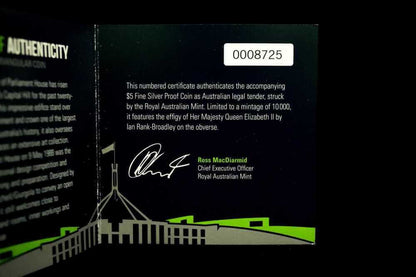 Australia Parliament House 25th Anniversary $5 fine silver proof coin certificate and booklet