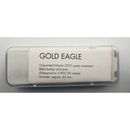 Gold Eagle watch packaging with specifications on a white background
