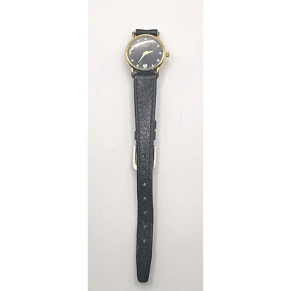 Wristwatch with black strap and gold case on a white background