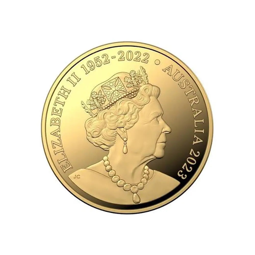 A round gold commemorative coin featuring a profile portrait of Queen Elizabeth II wearing a crown, with the text 'ELIZABETH II 1952-2022 • AUSTRALIA 2023' around the edge, shown on a plain white background.