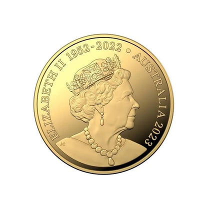A round gold commemorative coin featuring a profile portrait of Queen Elizabeth II wearing a crown, with the text 'ELIZABETH II 1952-2022 • AUSTRALIA 2023' around the edge, shown on a plain white background.