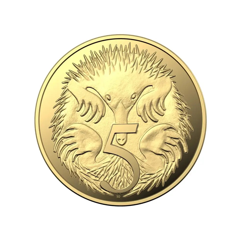 A round gold-colored coin featuring an embossed animal design with the number 5 in the center from our World & Vintage Coins collection 