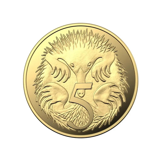 A round gold-colored coin featuring an embossed animal design with the number 5 in the center from our World & Vintage Coins collection 