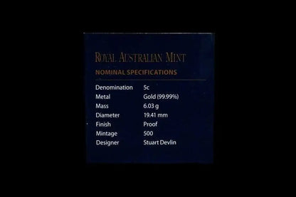 A dark blue card displaying the nominal specifications of a 5c coin from the Royal Australian Mint, set against a solid black background.
