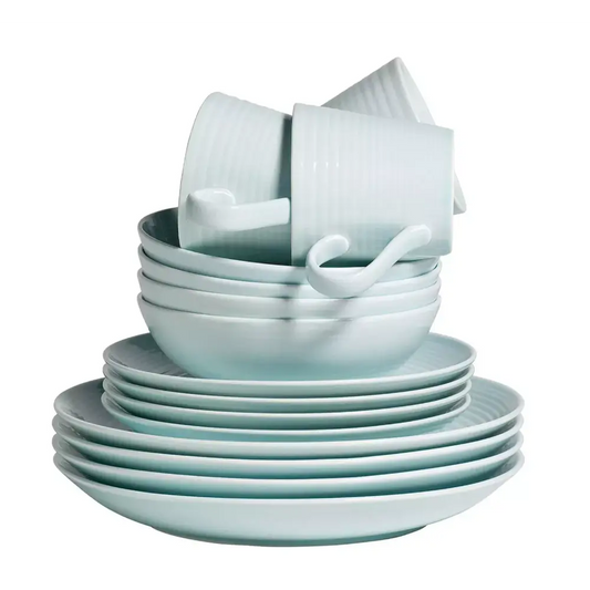 Set of light blue ceramic dinnerware