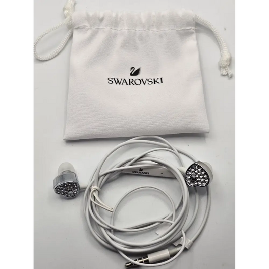 Swarovski branded earphones with a white drawstring pouch