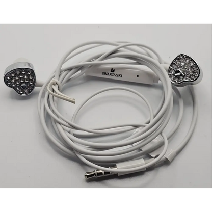 White earbud headphones with Swarovski logo