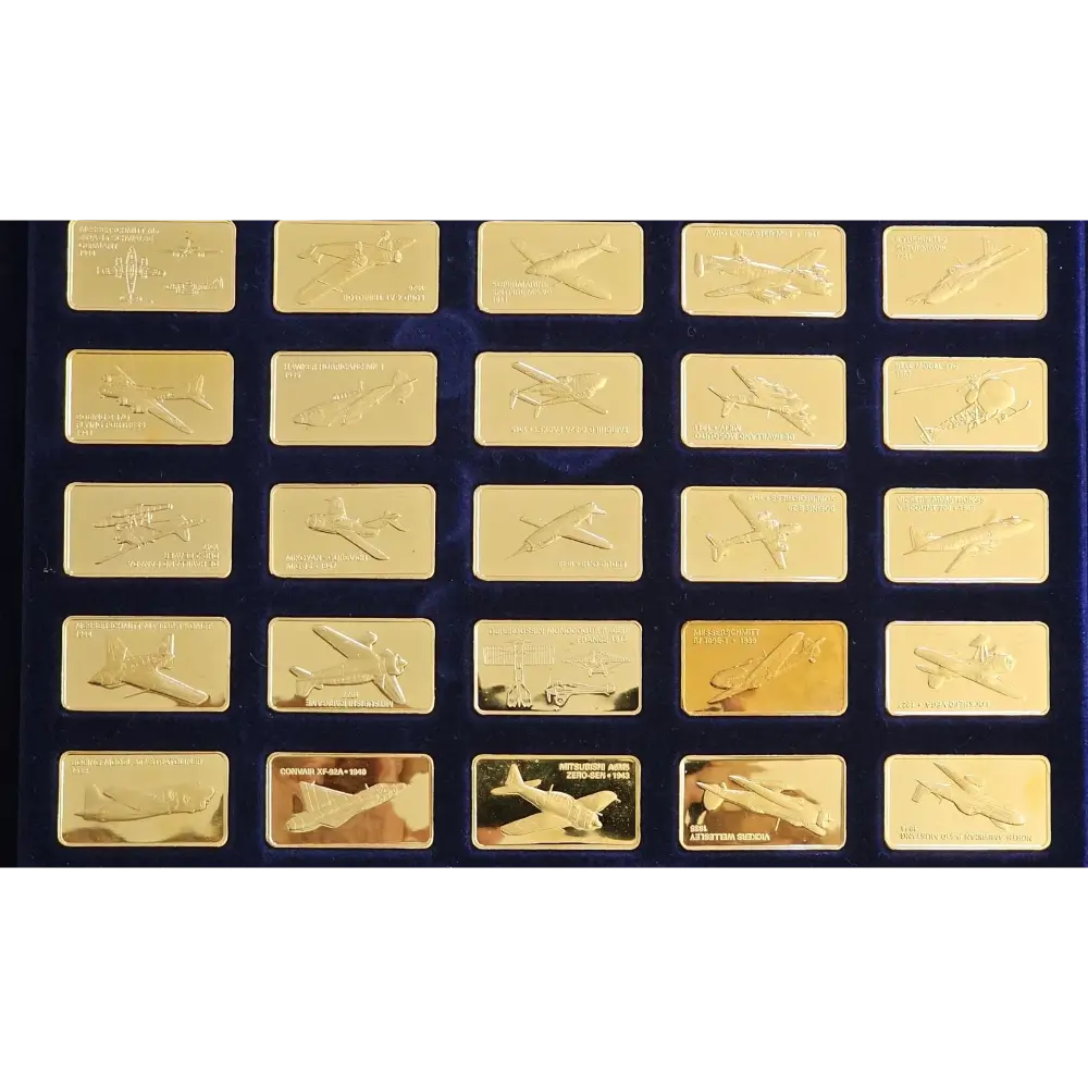 Collection of gold airplane-shaped bars in a display case