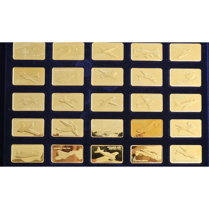 Collection of gold airplane-shaped bars in a display case