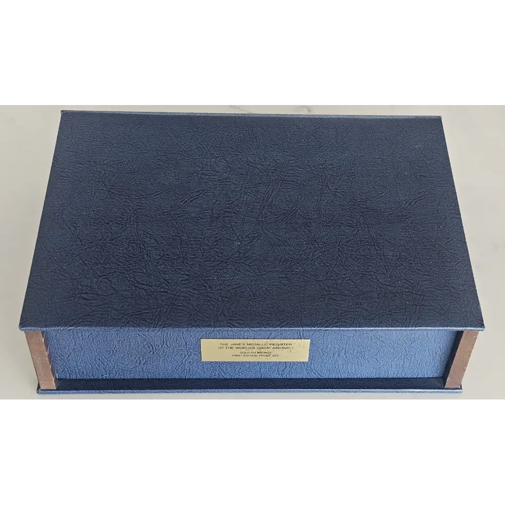 Blue textured box with a gold label on a light gray background
