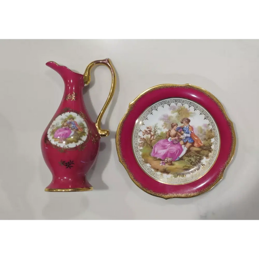 Pink ceramic pitcher and plate