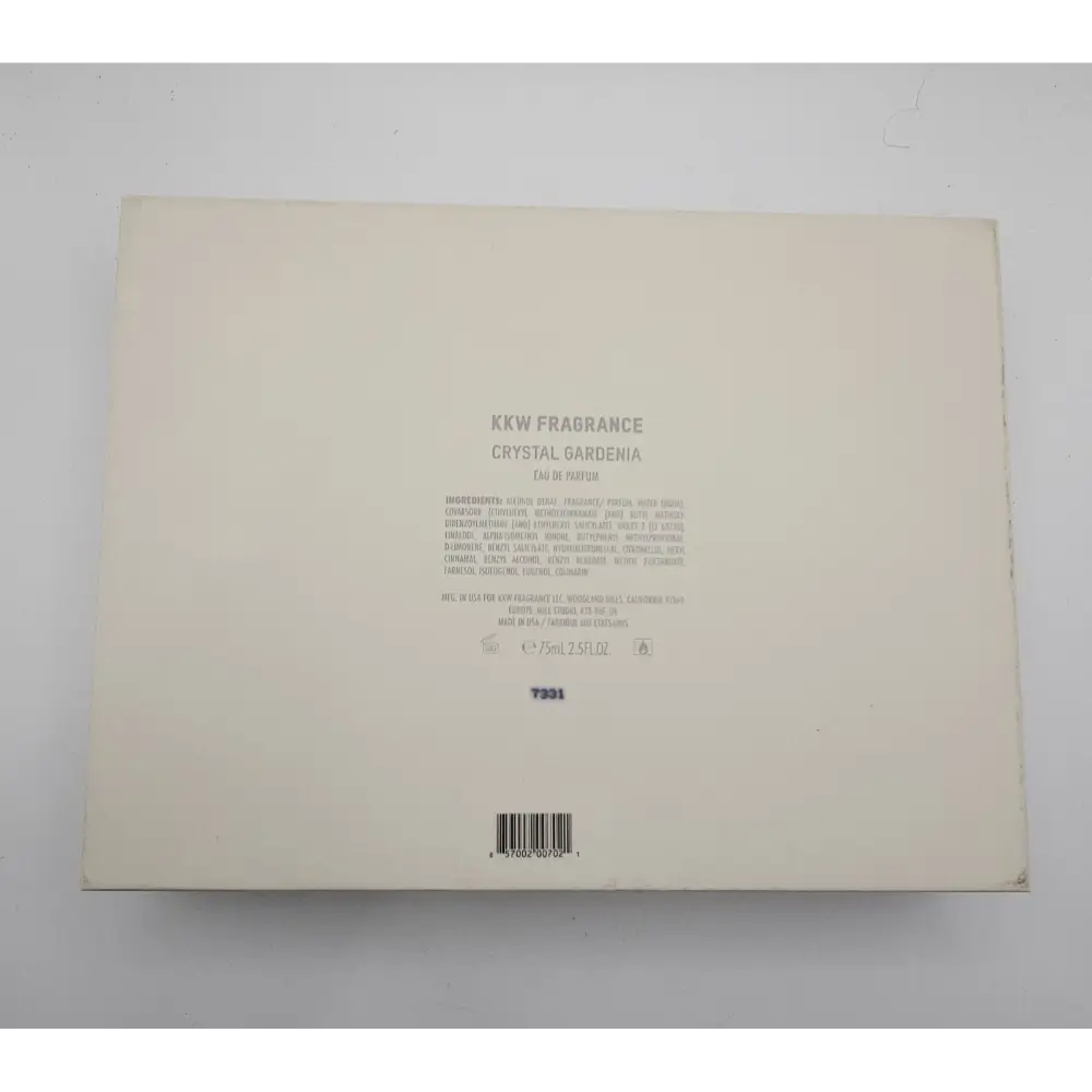 Back of a KKW Fragrance box with text on a gray background