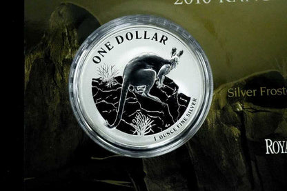 Kangaroo Series 2010 $1 silver frosted coin nominal specifications and mintage card
