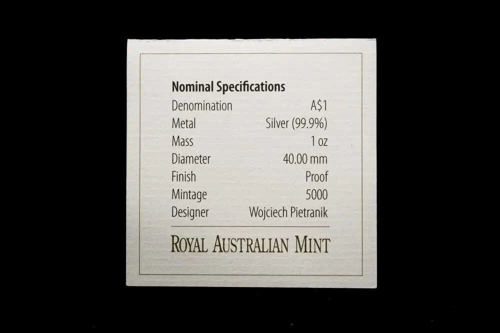 Nominal specifications card for 2013 Kangaroo in Outback 1oz silver proof coin | Koalaehub