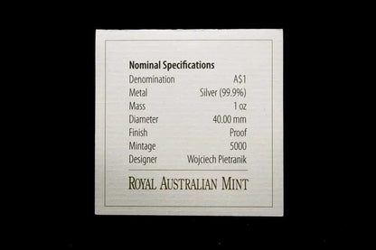 Nominal specifications card for 2013 Kangaroo in Outback 1oz silver proof coin | Koalaehub