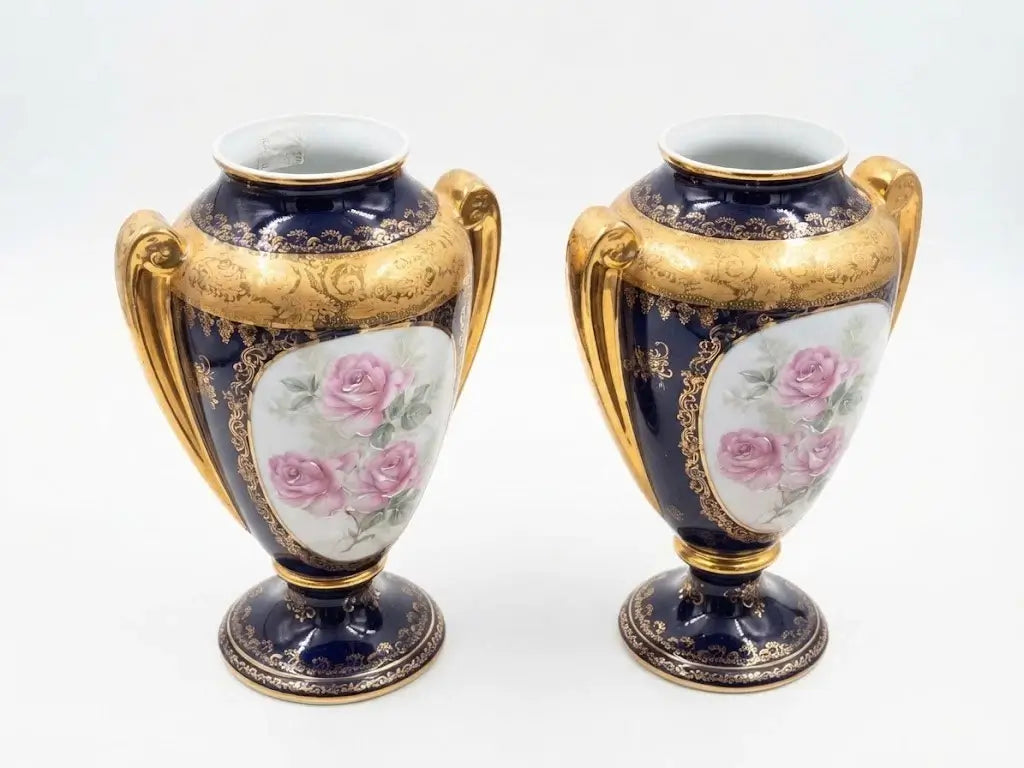 Large pair of Limoges porcelain twin-handled vases, cobalt blue and gilt, 38.5cm | Koalaehub