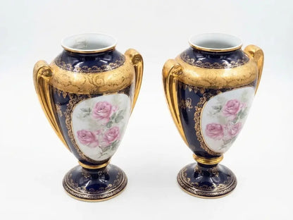 Large pair of Limoges porcelain twin-handled vases, cobalt blue and gilt, 38.5cm | Koalaehub