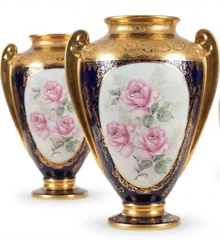 Pair of Limoges vases with pink rose panels and gilt handles | Koalaehub