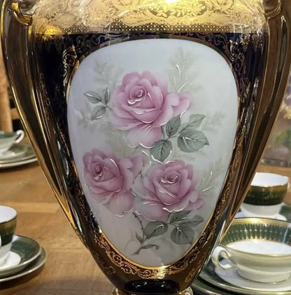 Pink rose panel on cobalt blue Limoges porcelain vase | Koalaehub