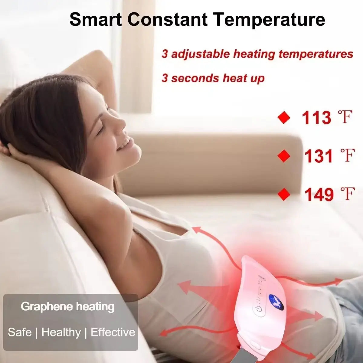 Woman using a heating pad with text about smart constant temperature control and graphene heating.