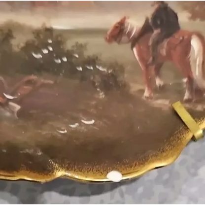 Horse crossing a river with a rider, surrounded by trees and wate
