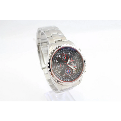 Wristwatch with a silver band and black dial 