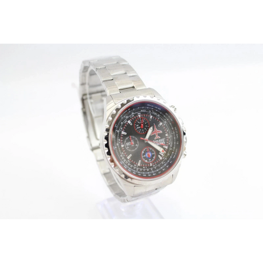 Wristwatch with a silver band and black dial 