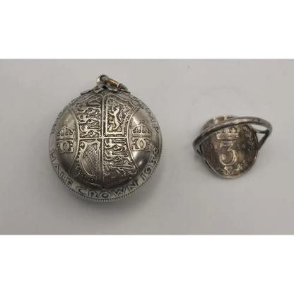 Silver medallion and ring with engraved designs