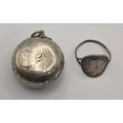 Silver locket and ring with engraved face 