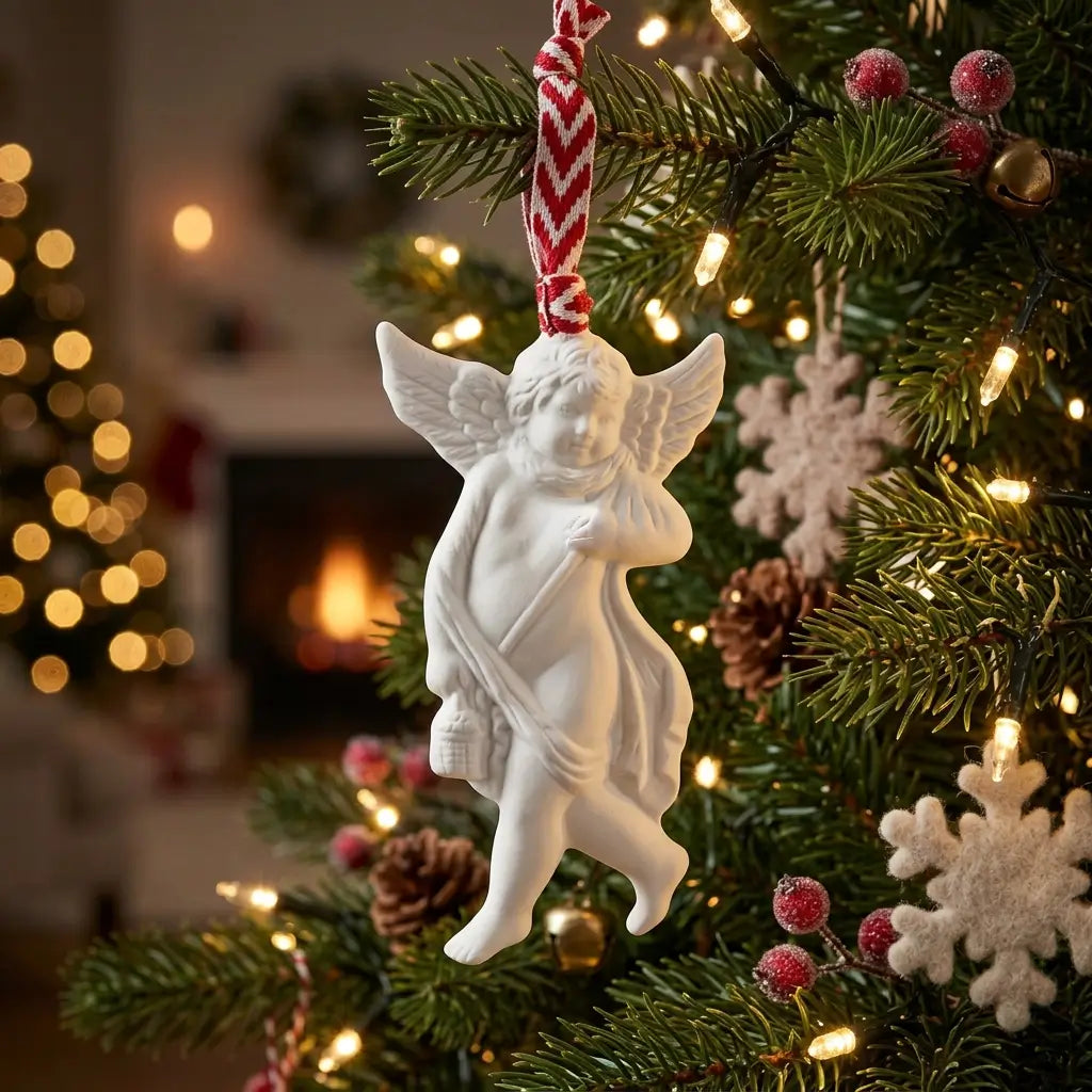 White angel ornament on a decorated Christmas tree with lights and ornaments.