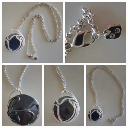 Collage of a silver necklace with a black pendant