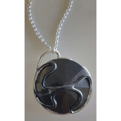 Swarovski Black Crystal Necklace - Faceted Pendant (Wavy Design, Signed)