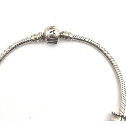 Silver bracelet with a clasp on a white background