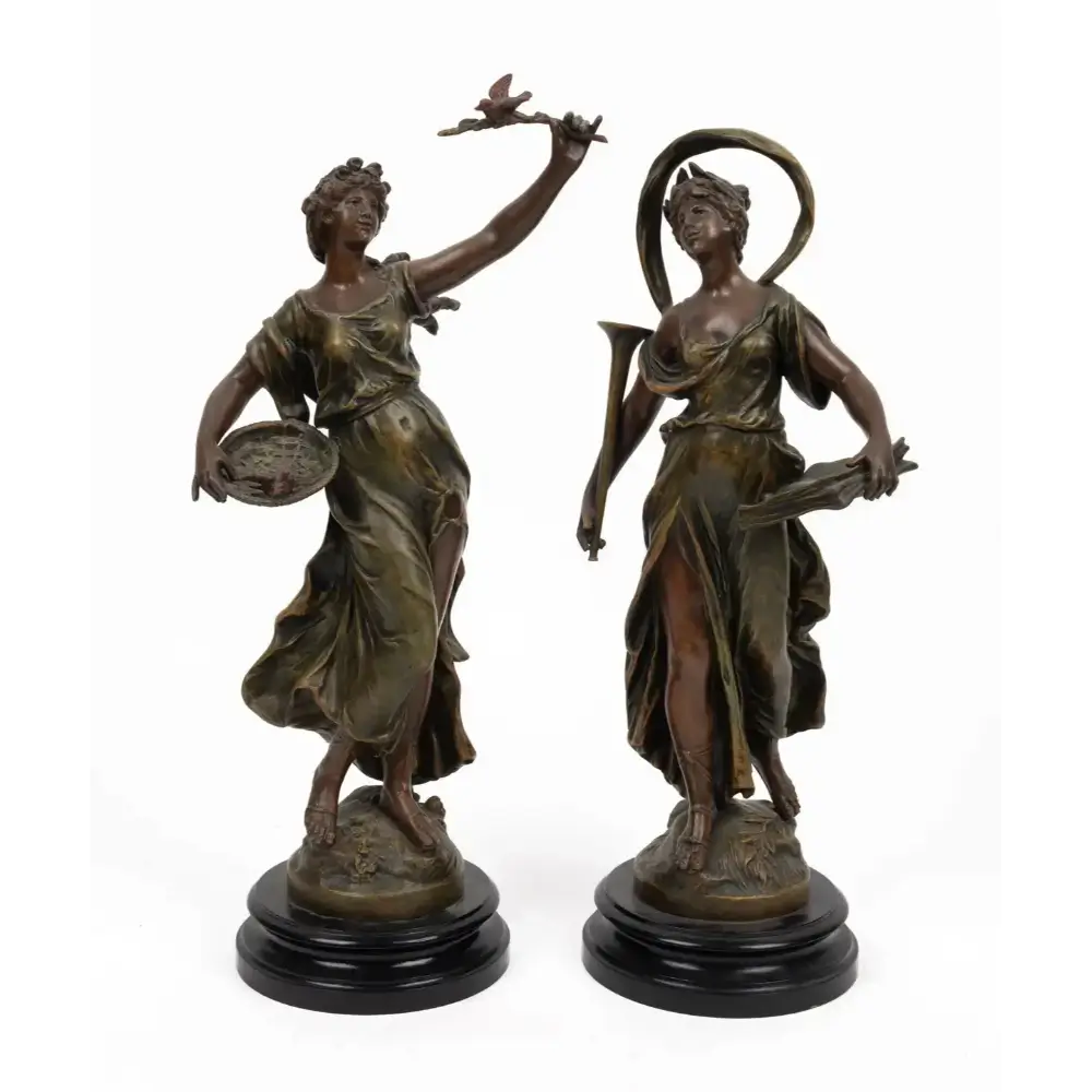 Vintage Spelter Figural Statues - The Four Seasons Sculptures (41cm Pair)