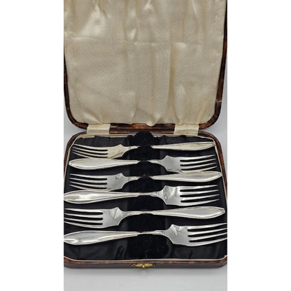 Set of silver forks in a case on a white background
