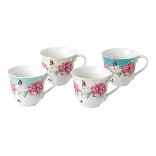 Set of four floral mugs with pink flowers 