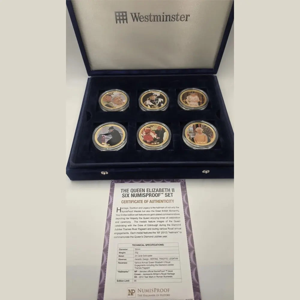 Set of six numismatic coins in a Westminster box with a certificate of authenticity on a white background.