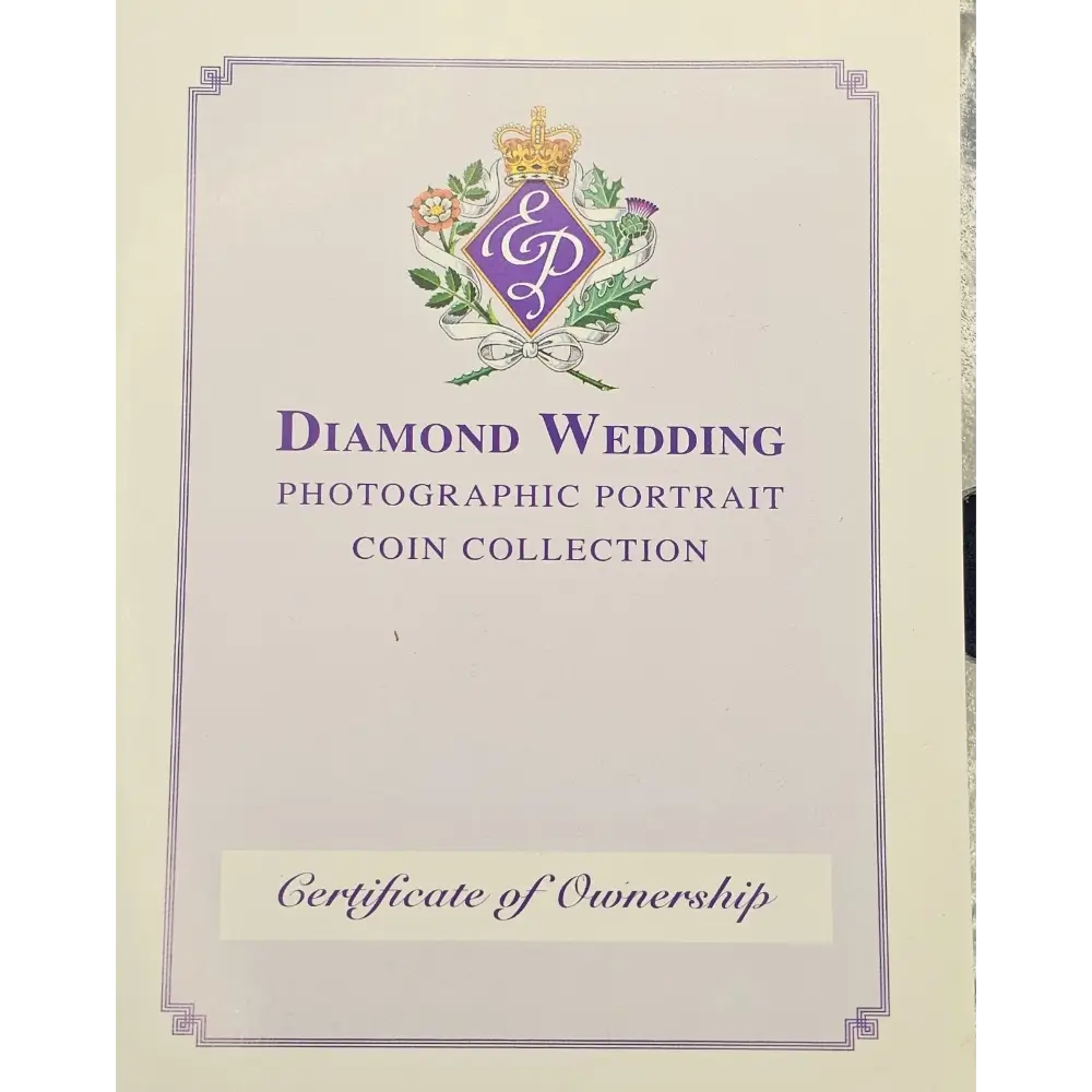 Diamond Wedding Photographic Portrait Coin Collection certificate with logo and text on a light purple background