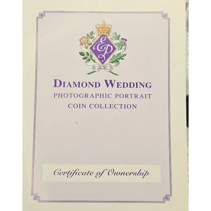 Diamond Wedding Photographic Portrait Coin Collection certificate with logo and text on a light purple background