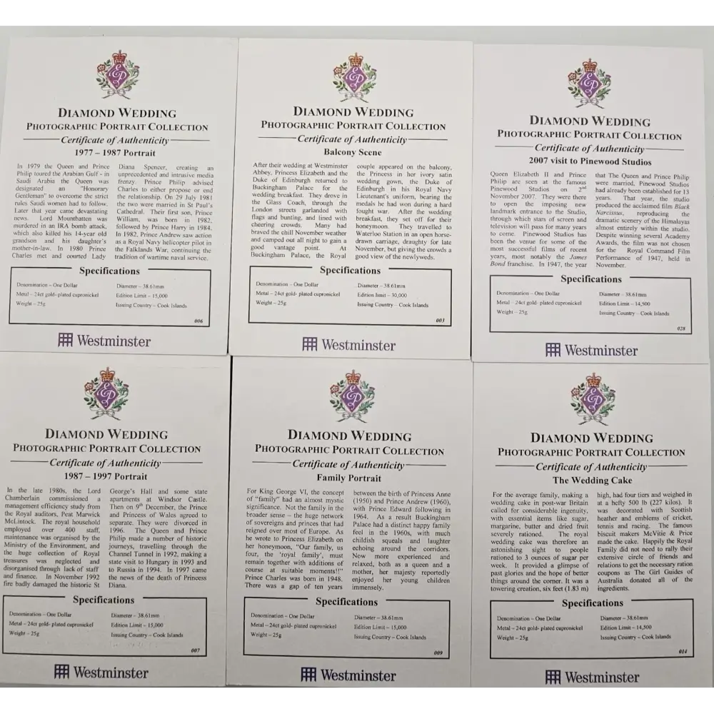 Six Diamond Wedding Photographic Portrait Collection Certificates of Authenticity from Westminster.